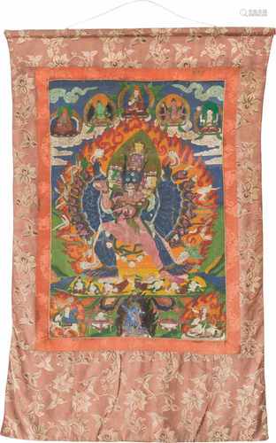 THANGKA MIT DARSTELLUNG VON CHECHOG-HERUKA Tibet, um 1900 Polychrome Bemalung auf Stoff. 65,5 cm x