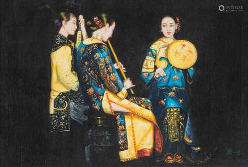 'SOIREE: DREI MUSIKERINNEN' China, Stil von Chen Yifei Öl auf Leinwand. SM. 60 cm x 89,5 cm (R. 78