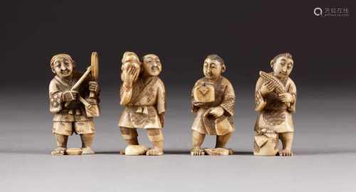 VIER NETSUKE Japan, um 1900 Elfenbein. H. 5,2 cm-5,4 cm. Alle Figuren mit Marke 'Tama kokoro'.