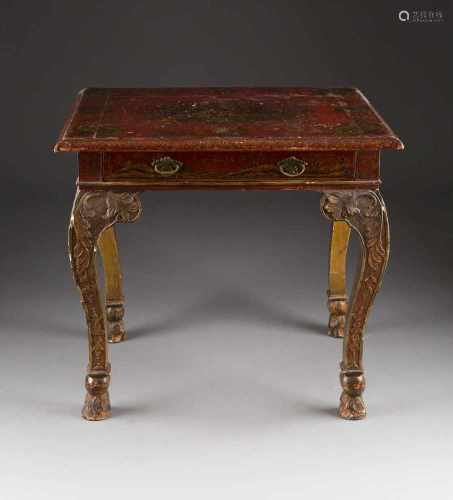 BEDEUTENDER TISCH MIT CHINOISERIE (RED LACQUER TABLE) England, um 1700. Holz, Rotlack (Red Lacquer),
