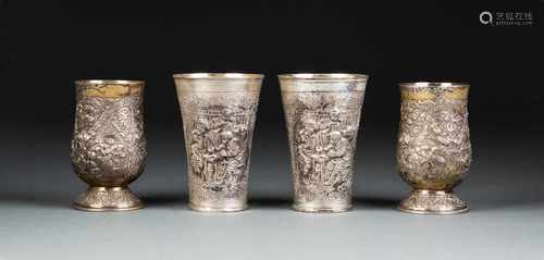 VIER BECHER Wohl Hanau, um 1890 Silber, teils vergoldet. H. 11-11,7 cm, 804 g. Punziert mit