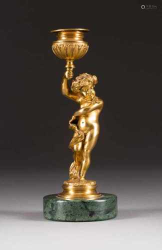 FIGURENLEUCHTER Deutsch, um 1900 Bronze, vergoldet, grüner Marmor. H. 19 cm. Einflammig; auf