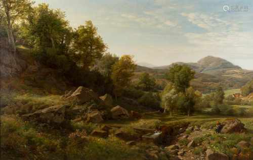 JOHANN GEORG VALENTIN RUTHS1825 Hamburg - 1905 ebendaWeite Sommerlandschaft nördlich der Alpen Öl