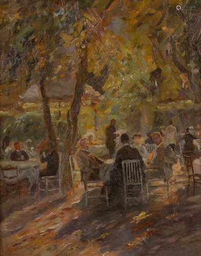 DEUTSCHER IMPRESSIONISTTätig um 1900Im Biergarten Öl auf Platte. 41,5 x 33,5 cm (R. 55,5 x 47,5 cm).