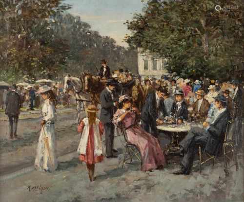 KEES VAN LOON1930Im Parkcafé Öl auf Leinwand. 50 x 60 cm (R. 64 x 74 cm). Signiert unten links 'K.