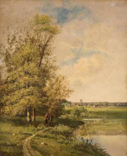 ADOLF KAUFMANN1848 Troppau - 1916 WienSommerliche Flusslandschaft Öl auf Leinwand. 55,5 x 46 cm (