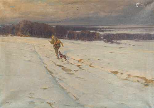 ALBERT HOLZ1884 Düsseldorf - 1954 ebendaJäger im Schnee Öl auf Leinwand. 70 x 100,5 cm. Signiert und