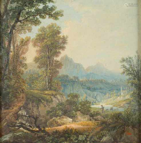 GIUSEPPE QUAGLIO (ATTR.)1747 Laino - 1828 MünchenLandschaft mit Jäger und Hund Öl auf Leinwand,