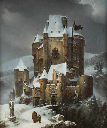 CASPAR JOHAN NEPOMUK SCHEUREN1810 Aachen - 1887 DüsseldorfRitterburg im Schnee Öl auf Leinwand (