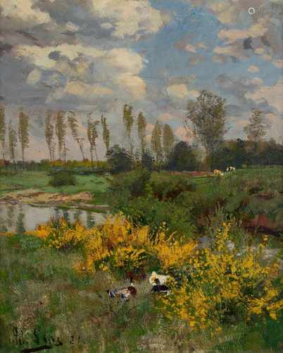 ADOLF LINS1856 Kassel - 1927 DüsseldorfEnten in sommerlicher Flusslandschaft Öl auf Karton,