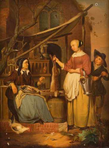 GABRIEL METSU (NACHFOLGER)1629 Leiden - 1667 AmsterdamDIE ALTE WILDBRETHÄNDLERIN Öl auf Leinwand.