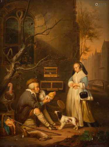 GABRIEL METSU (NACHFOLGER)1629 Leiden - 1667 AmsterdamDER GEFLÜGELHÄNDLER Öl auf Leinwand. 46,5 cm x