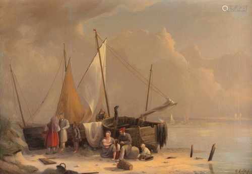 GUSTAV ROLLE? - 1868Fischerfamilien am Strand Öl auf Leinwand auf Platte. 49 x 68 cm (R. 59 x 80