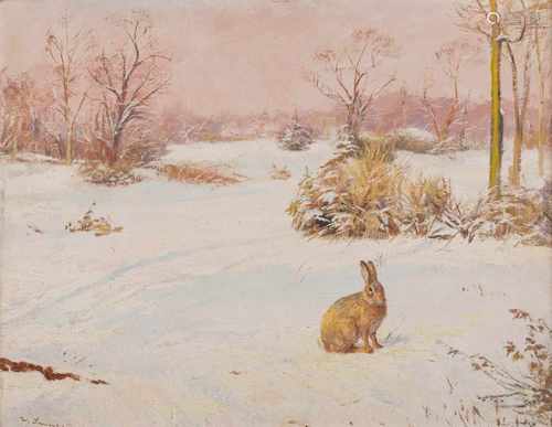 WILLI LORENZ1901 Köln - 1981 ebendaHase im Schnee Öl auf Karton. 45,5 x 56 cm (R. 51 x 62 cm).