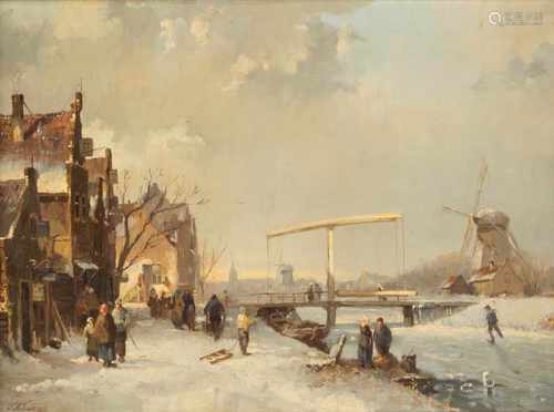 F. M. KRUSEMANTätig um 1900 NiederlandeWinterliches Treiben am Kanal Öl auf Leinwand. 40 x 56 cm (R.