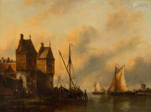 ANTHONIE WALDORP1803 Den Haag - 1866 AmsterdamStädtchen am Kanal Öl auf Holz. 46 x 62 cm (R. 72 x 87