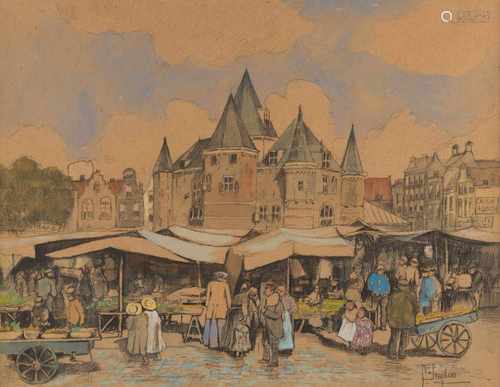 CHRISTIAN PIETER SNYDERS1904Buntes Treiben auf einem niederländischen Marktplatz Aquarellierte