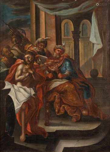 DEUTSCHER MALERTätig im 18. Jh.CHRISTUS VOR PILATUS Öl auf Leinwand (doubl.). 110,5 cm x 76 cm (R.