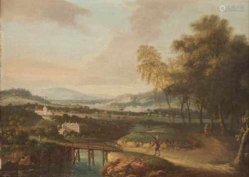 NORBERT JOSEPH GRUND1717 Prag - 1767 EbendaFLUSSLANDSCHAFT MIT BRÜCKE UND WANDERERN Öl auf