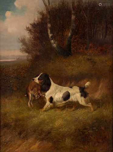 C. COLLINTätig 2. Hälfte 19. Jh.Spaniel mit erlegtem Hasen Öl auf Leinwand. 68 x 50,5 cm (R. 82 x 65