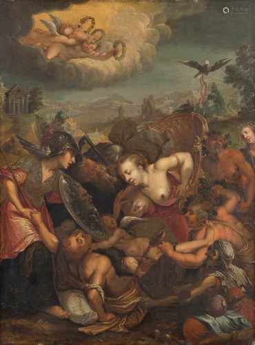 OTTO VAN VEEN (ATTR.)1556 Leiden - 1629 BrüsselDIE VERSUCHUNGEN DER JUGEND Öl auf Eichenholztafel.