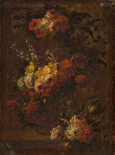 ITALIENISCHER MEISTERTätig, 1. Hälfte 18. Jh.BLUMENSTILLLEBEN Öl auf Leinwand (doubl.). 41,5 x 29,