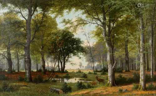 JACOBUS JOHANNES VAN POORTEN1841 Deventer - 1914 HamburgRotwild im lichten Sommerwald Öl auf