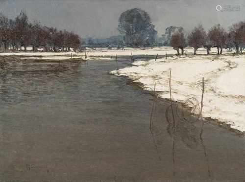 MAX CLARENBACH1880 Neuss - 1952 WittlaerDie Erft zur Schneeschmelze Öl auf Leinwand. 60,5 x 80 cm (