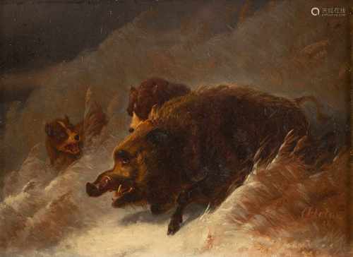 CHRISTIAN FREDERIC HOLM1804 Kopenhagen - 1846 TivoliWildschweinhatz im Schnee Öl auf Platte. 17,5