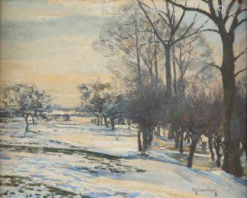 MAX CLARENBACH1880 Neuss - 1952 WittlaerAbendstimmung über Winterlandschaft Öl auf Karton auf