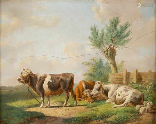 ALBERTUS VERHOESEN1806 Utrecht - 1881 ebendaDrei rastende Kühe auf der Weide Öl auf Holz. 31 x 40 cm