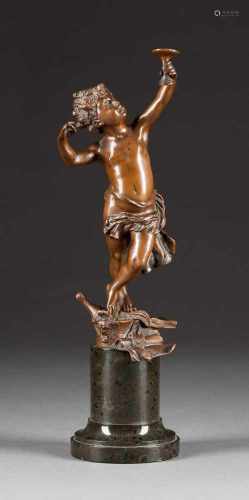 EUGÈNE BARILLOT1841 Berlin - 1900 ParisKnabe mit Schale Bronze, braun patiniert, dunkler Marmor.