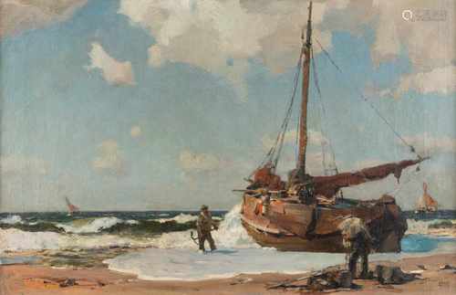 ERICH KIPS1869 Berlin - 1945 ebendaFischerboot am Strand Öl auf Leinwand. 55 x 85,5 cm (R. 65 x 96