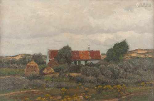 EUGEN KAMPF1861 Aachen - 1933 DüsseldorfHofhaus in sommerlicher Landschaft Öl auf Malplatte. 45,5 cm