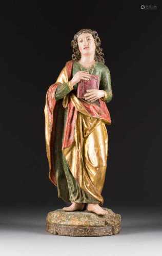 HEILIGER JOHANNES Süddeutsch, um 1700 Holz, plastisch geschnitzt, polychrom gefasst, vergoldet,