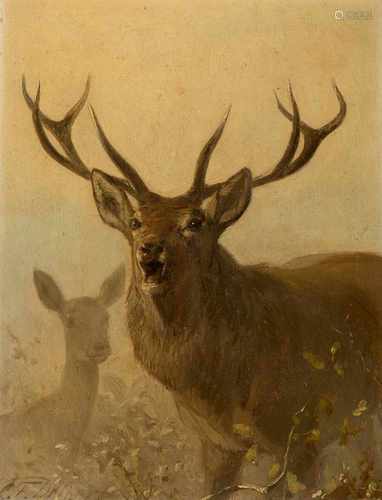 CARL FRIEDRICH DEIKER1836 Wetzlar - 1892 DüsseldorfRöhrender Hirsch Öl auf Holz. 27 x 20,5 cm.