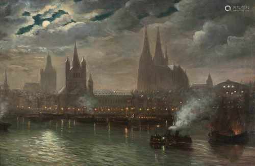 W. JANSENTätig 1. Hälfte 20. Jh.Ansicht von Köln bei Vollmond Öl auf Leinwand. 37 x 85 cm (R. 86 x