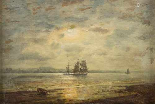 BRITISCHER MARINEMALERTätig Mitte 19. Jh.Segelschiffe im Mondlicht Öl auf Holz. 9,5 x 14 cm (R. 21 x