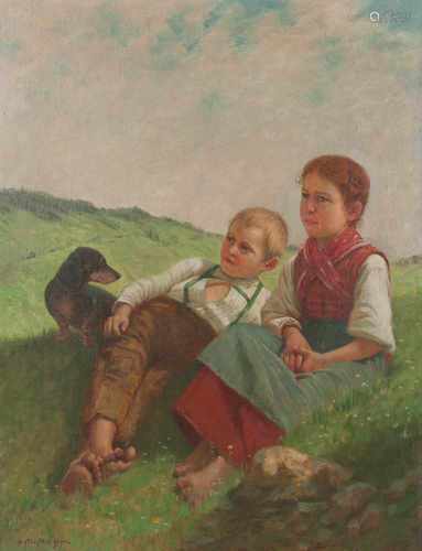 THEODOR KLEEHAASGermersheim 1854 - 1929Geschwisterpaar mit Dackel an einem Berghang Öl auf Leinwand.