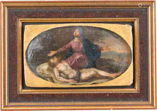 FLÄMISCHER MEISTERTätig im 17. Jh.BEWEINUNG CHRISTI Öl auf Holz. 13 cm x 22,5 cm (Im Oval) (R. 24 cm
