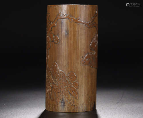 A BAMBOO CARVED FLORAL&BIRD PATTERN PEN HOLDER