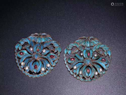 PAIR GILT SILVER FILIGREE PEARL DECORATED HEAD WEAR