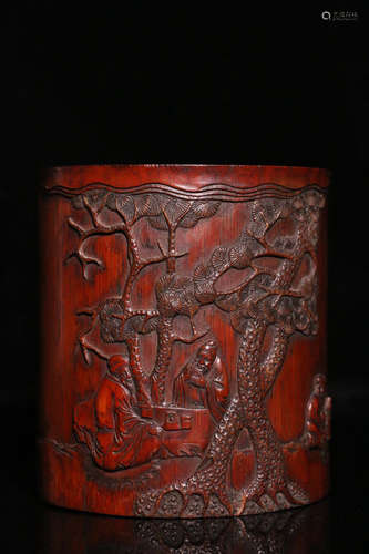 AN OLD BAMBOO CARVED CHARACTER PATTERN PEN HOLDER