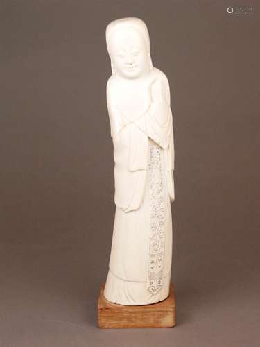 An Antique Chinese Ivory Figure of an elegant lady holding an ancestral tablet - China,<br />Republican era c. 1930, finely carved elephant tusk, clipped top capped with an ivory lid (head top), fine facial features featuring a benevolent smile, modelled in hanfu robes, sash area accented with black pigments, good condition, only slight cracks around the lid, size: approx. 30,7cm high, weight approx. 503g, set on a fitted wooden stand.with square base, accompanied by documents in German: Certificate of the Authenticity  (2014) and Export Certificate for the European Union (2014 / Regierungspräsidium Darmstadt) Export to countries outside the EU requires a CITES permit due to the used material (elephant ivory).