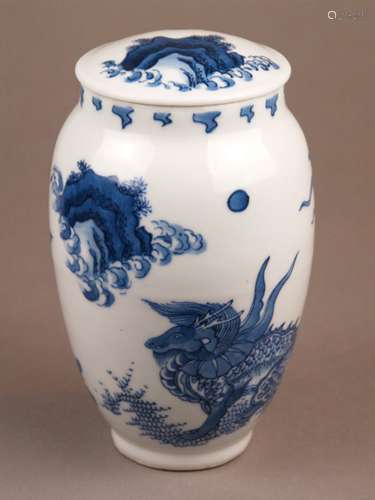 Blue and white lidded vase - China, baluster vase with flat plug-in lid, on the wall and<br />lid underglaze blue decor: landscape with rock pieces and sitting quilin among large-leaved plants, bottom without mark, H.ca.18.5cm