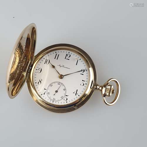 Taschenuhr - Savonette, guillochiertes 14K Goldgehäuse, Staubdeckel, Rückseite innen und<br />Zifferblatt signiert August Ericsson, Sankt Petersburg, Nr.530763,weißes Emailzifferblatt mit arabischen Stundenzahlen und Minutenkranz, goldene Zeiger, kleine Sekunde bei 6 Uhr, Sprungdeckel mit gravierter Widmung in Russisch und Datierung 