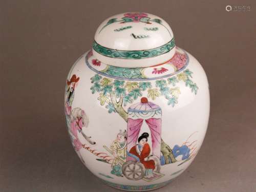 Ginger pot with lid - spherical shape, porcelain painted in polychrome onglaze colors,<br />encircling stylized landscape with depictions of warriors and lady in a riksha with servants, ornamental borders, four-character ''Kangxi Nian Zhi'', base slightly uneven, H.ca.20cm