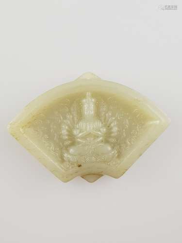 Jade amulet - China, fine carving of celadon light green jade, with representation of the<br />thousand-armed Guan-yin, polished, ca.4x6,5cm, ca.39g