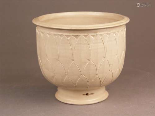 Incense burner for sticks -  Song style, cylindrical form on a high base, stoneware with<br />light olive glaze, outside decorated with three rows of lotus petals, China or Korea, h. / dm.ca.14.5 / 17cm