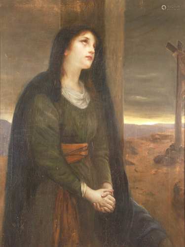 Unknown -19th century- Mourning Mary Magdalene at the foot of the Cross, oil on canvas,<br />relined, lower right possibly monogrammed ''FJ'' ?, ca.111,5x74,5cm, gold stucco frame with corner cartouches ca.121,5x 83,5cm, in the upper area horizontal paint abrasion, verso old damaged forwarding label 'Gustav Knauer Königl. Hof-Spediteur Berlin' /after 1900